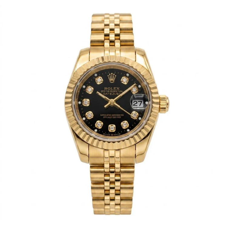 ساعت زنانه رولکس دیت جاست طلایی صفحه مشکی نگین دار مسترکوالیتی