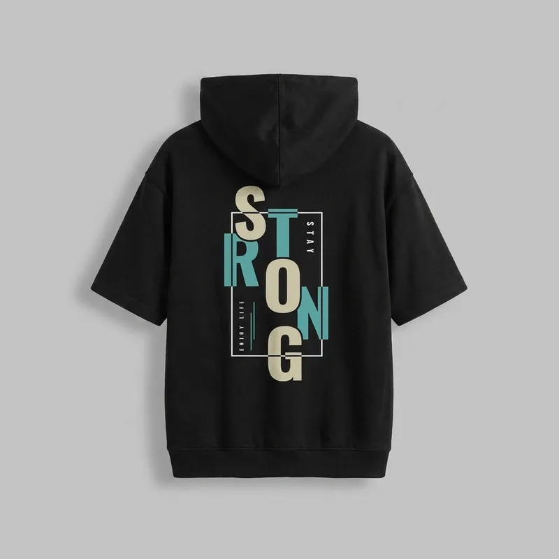 تی شرت مردانه کلاهدار نخی گرم بالا طرح حروف مدل STRONG مشکی