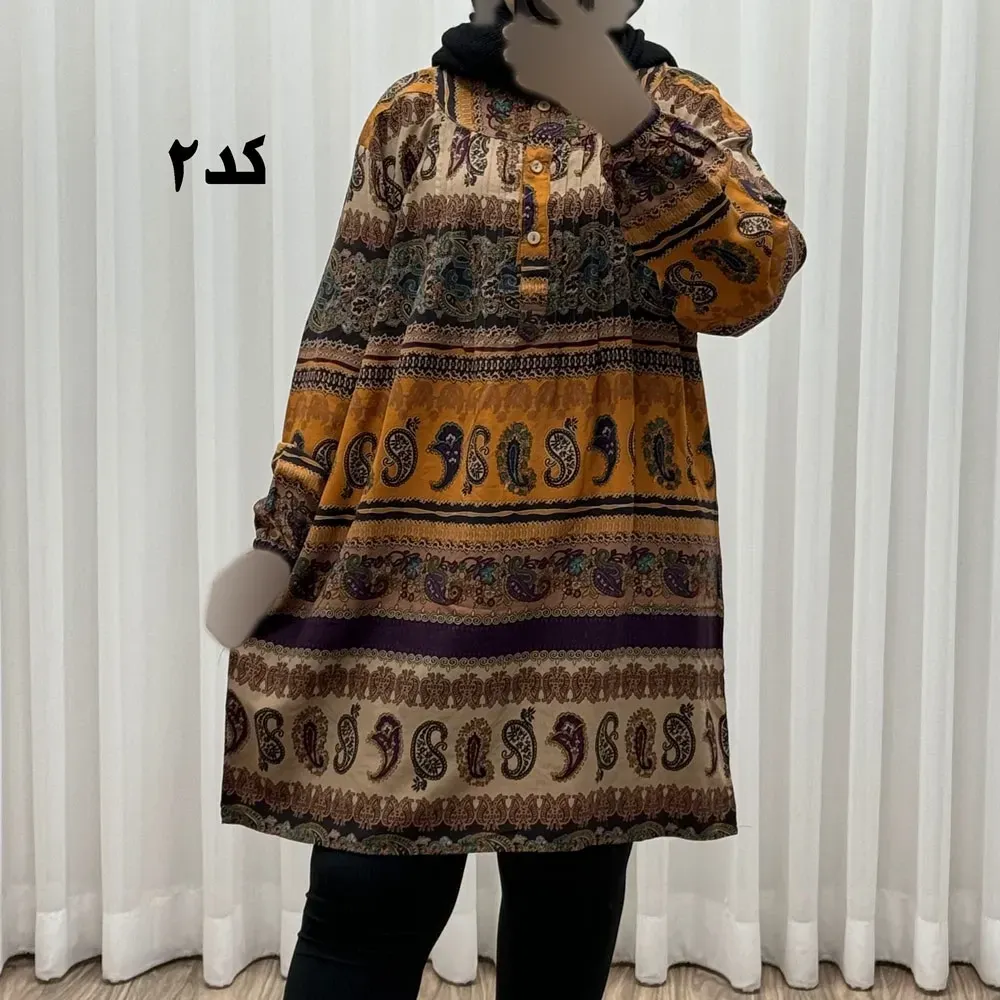 تونیک سایزبزرگ وارداتی مدل ترمه افقی کد 1617 جنس نخی چهارفصل زنانه سایز 6 تا 8