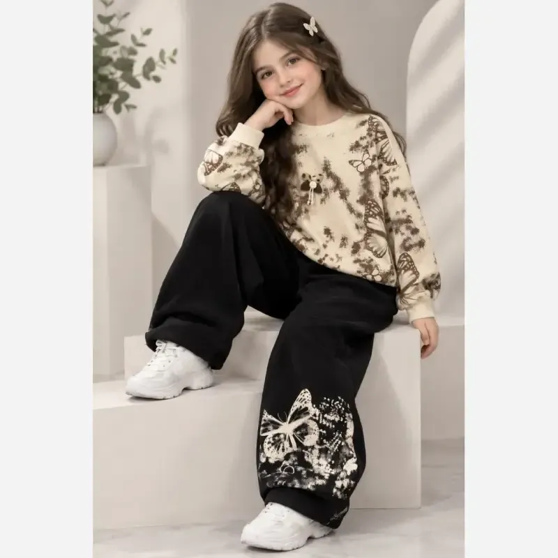 ست بلوز شلوار دخترانه دورس طرح پروانه سایز 45 تا 65 رنگ سفید کرم شکلاتی