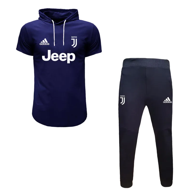 ست تی شرت و شلوار مردانه یوونتوس نخ آستین کوتاه کلاه دار سرمه ای چهار فصل