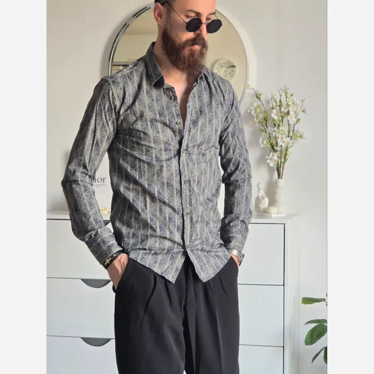 پیراهن مردانه آستین بلند راه راه ابروبادی سارینا سایزبندی M L XL XXL